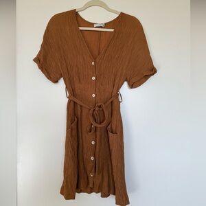 Brown Plisse Button-Front Mini Dress